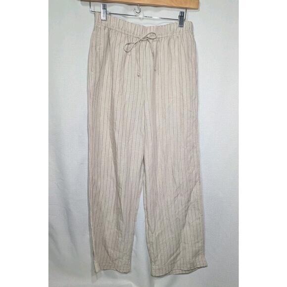 H&M Womens Linen Blend Wide Leg Pull On Pants S Beige Pinstripe Resort Coastal - Picture 1 of 8